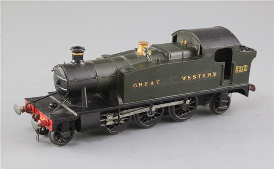 A G.A. Elliott O gauge 2-6-2 Great Western Prairie (5512 class) tank locomotive, green livery, 3 rail, 26cm